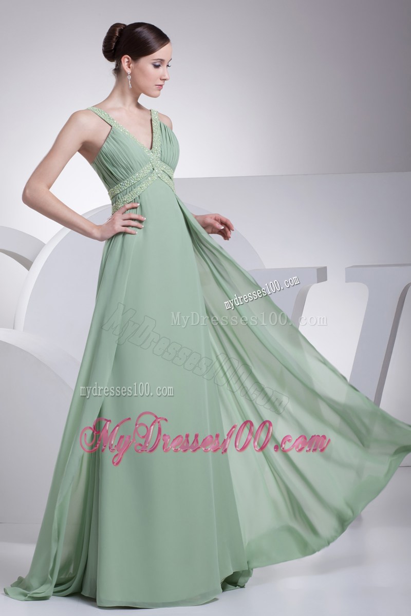 V-neck Apple Green Prom Dress with Brush Train and Beading