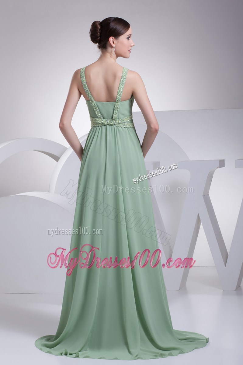 V-neck Apple Green Prom Dress with Brush Train and Beading