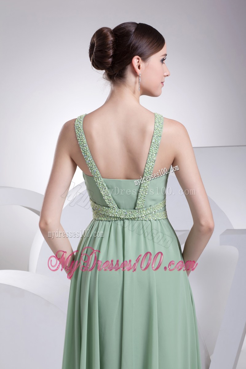 V-neck Apple Green Prom Dress with Brush Train and Beading
