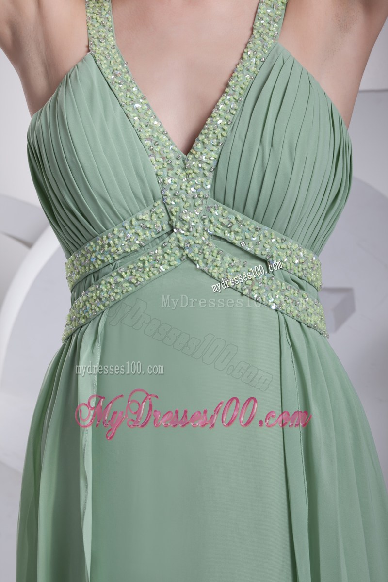 V-neck Apple Green Prom Dress with Brush Train and Beading
