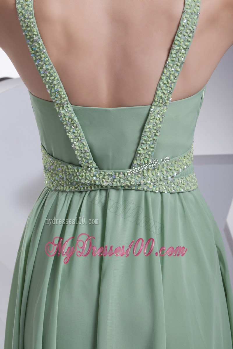 V-neck Apple Green Prom Dress with Brush Train and Beading