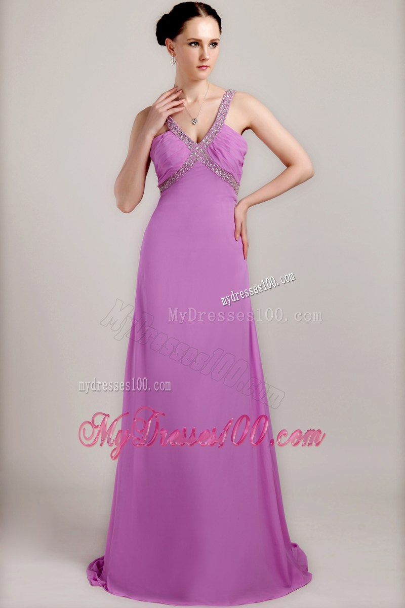 Beading and Ruches Accent Lavender Chiffon Prom Gown with Cut Out Waist