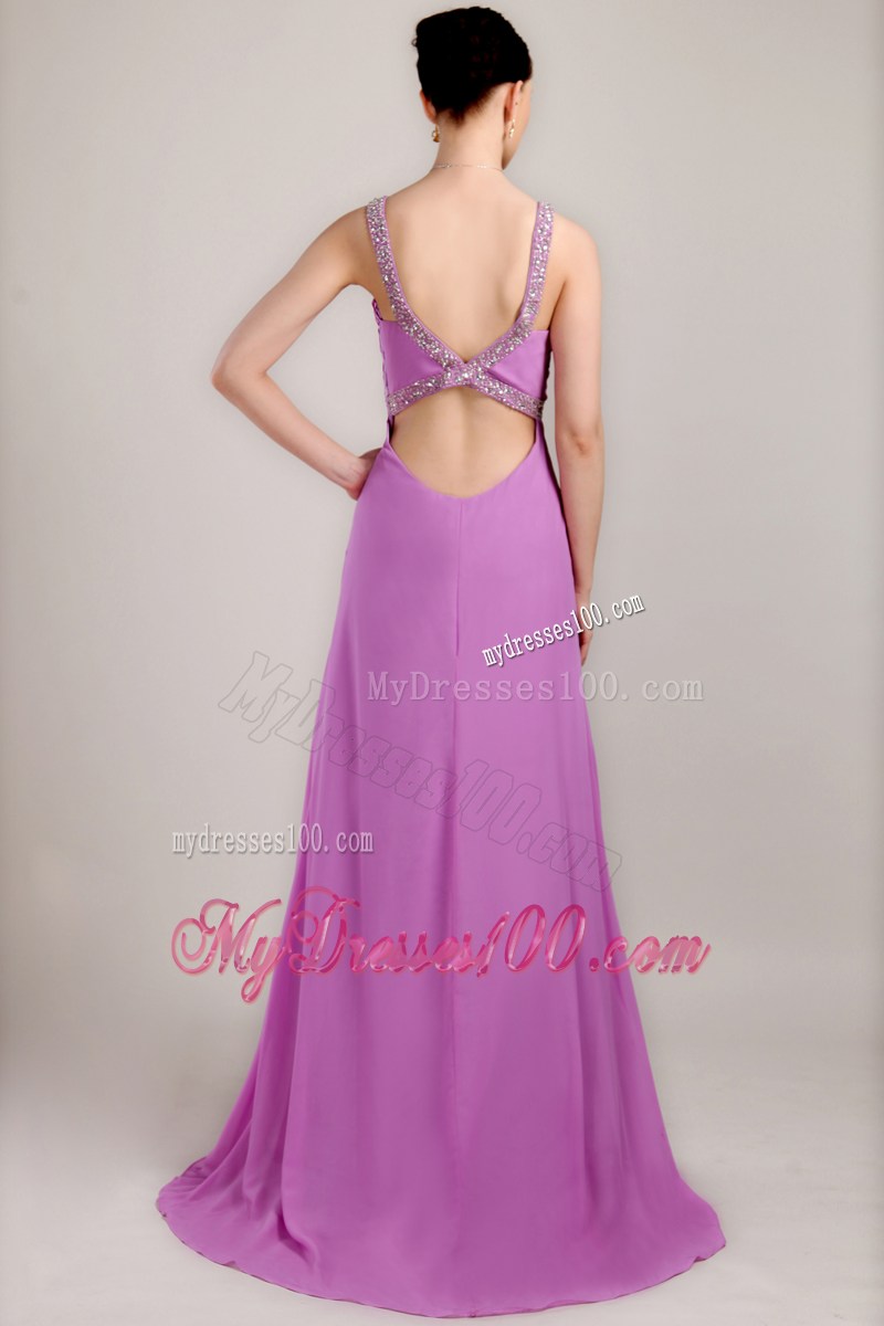 Beading and Ruches Accent Lavender Chiffon Prom Gown with Cut Out Waist