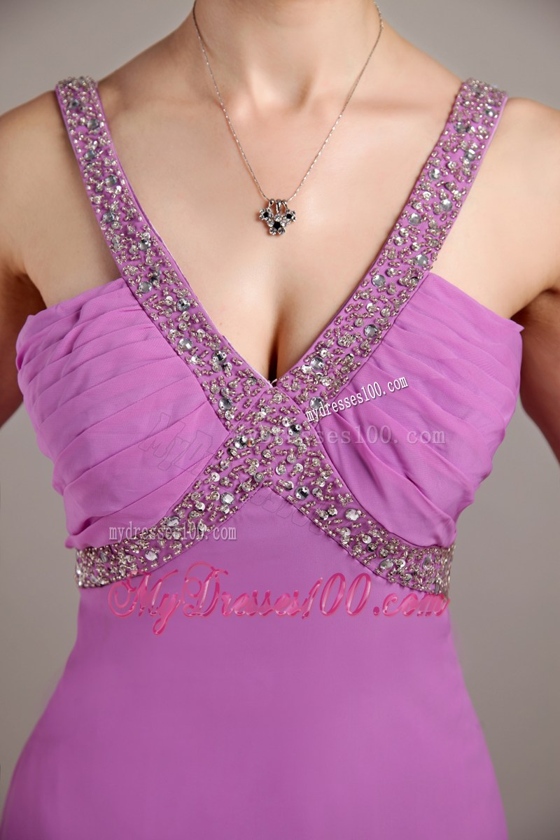 Beading and Ruches Accent Lavender Chiffon Prom Gown with Cut Out Waist