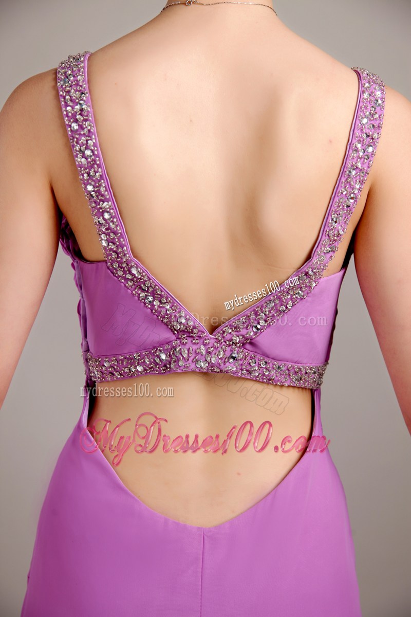 Beading and Ruches Accent Lavender Chiffon Prom Gown with Cut Out Waist