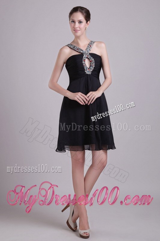 Beaded V-neck Black Mini-length Chiffon Prom Dress with Cutout
