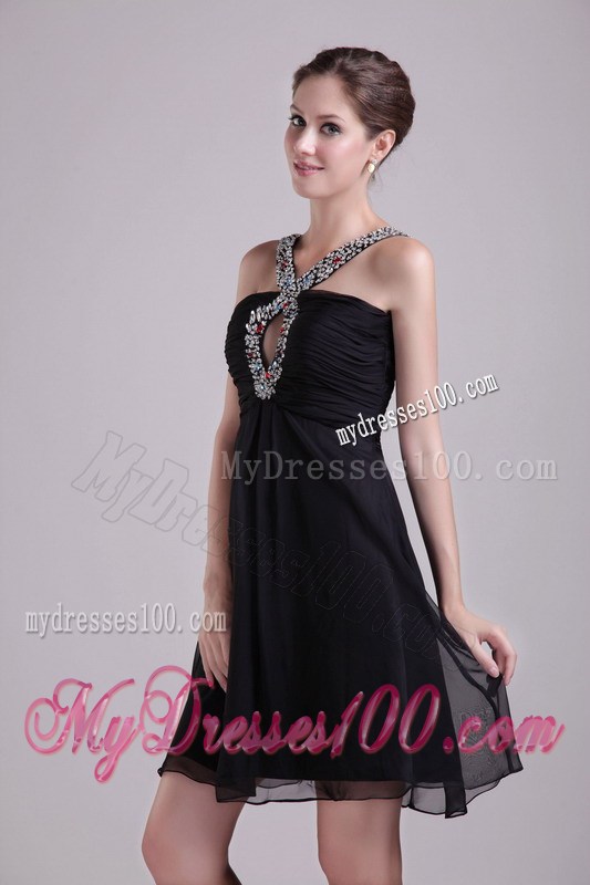 Beaded V-neck Black Mini-length Chiffon Prom Dress with Cutout