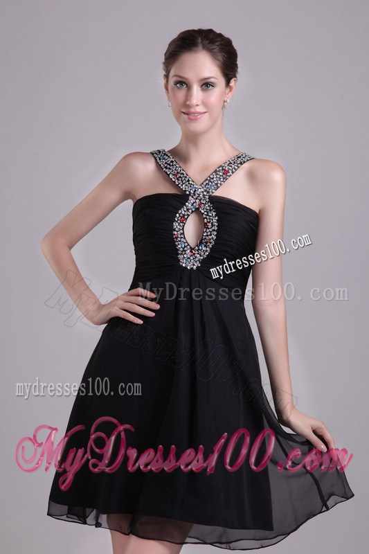 Beaded V-neck Black Mini-length Chiffon Prom Dress with Cutout
