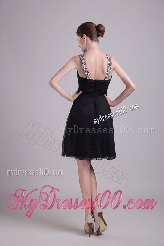 Beaded V-neck Black Mini-length Chiffon Prom Dress with Cutout