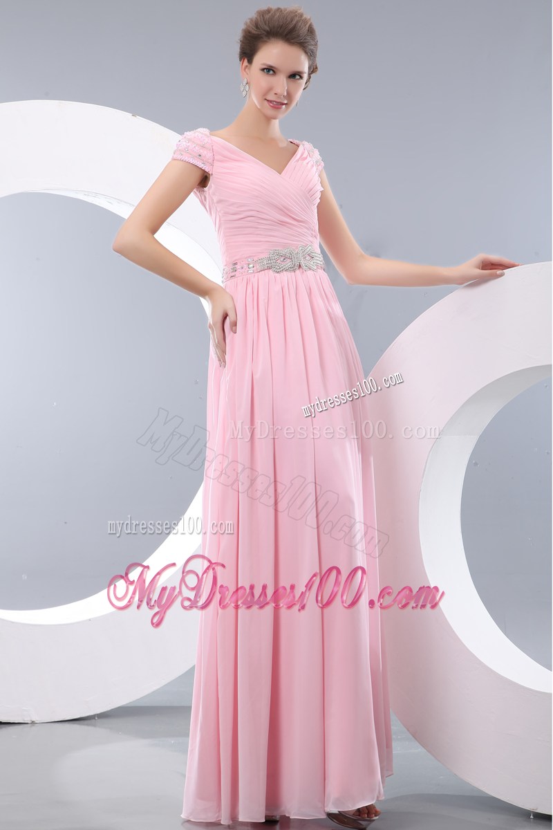 Ruches and Beaded Belt Accent Floor-length V-neck Prom Dress in Baby Pink