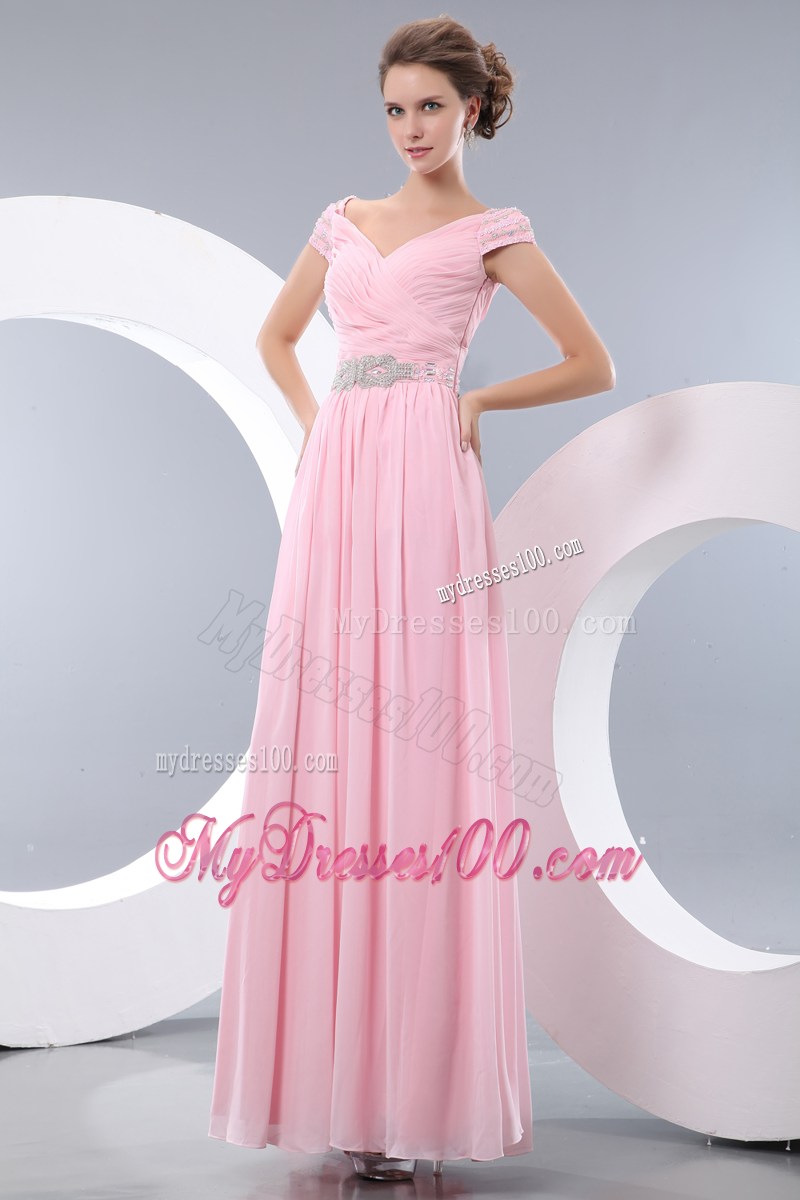 Ruches and Beaded Belt Accent Floor-length V-neck Prom Dress in Baby Pink