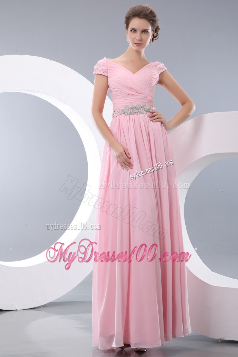 Ruches and Beaded Belt Accent Floor-length V-neck Prom Dress in Baby Pink