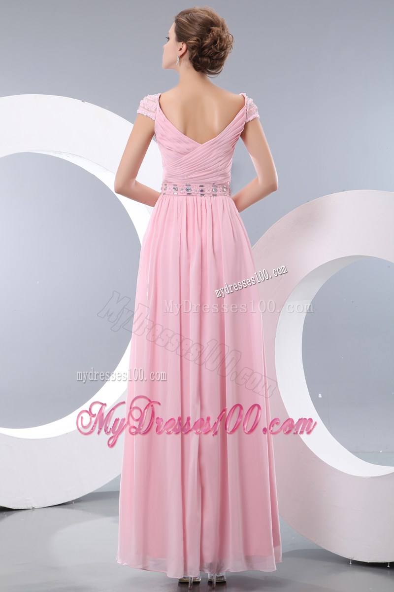 Ruches and Beaded Belt Accent Floor-length V-neck Prom Dress in Baby Pink