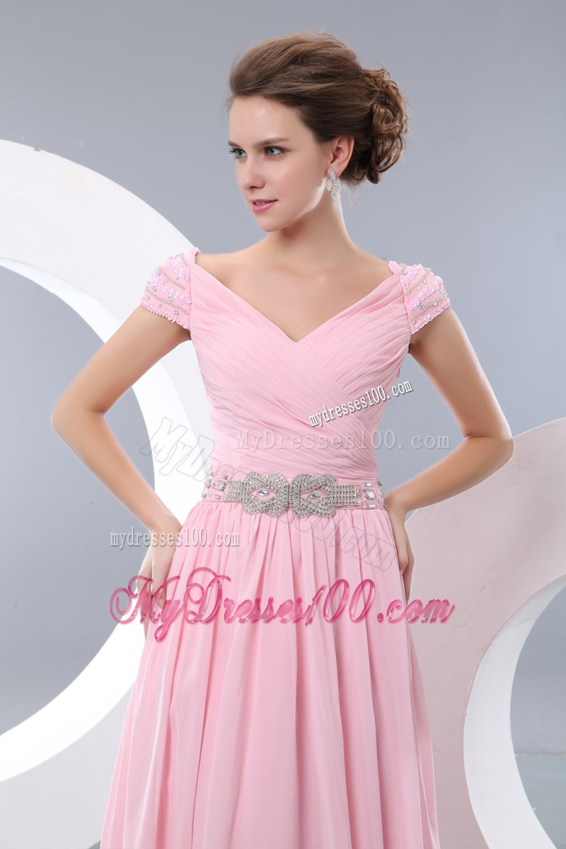 Ruches and Beaded Belt Accent Floor-length V-neck Prom Dress in Baby Pink