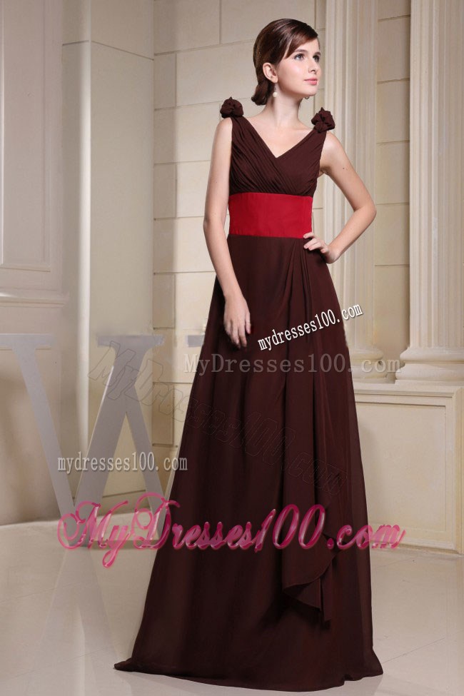 V-neck Hand Made Flowers For Brown Prom Gown Dress with Red Belt