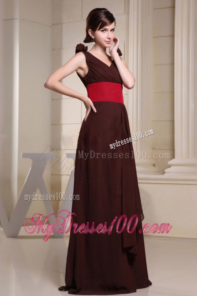 V-neck Hand Made Flowers For Brown Prom Gown Dress with Red Belt