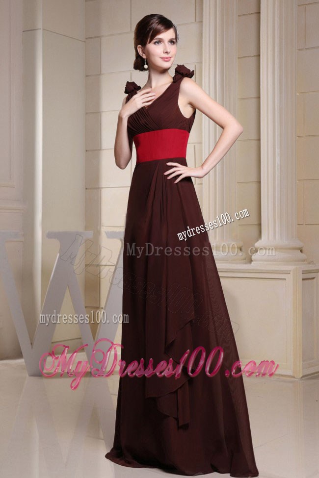 V-neck Hand Made Flowers For Brown Prom Gown Dress with Red Belt