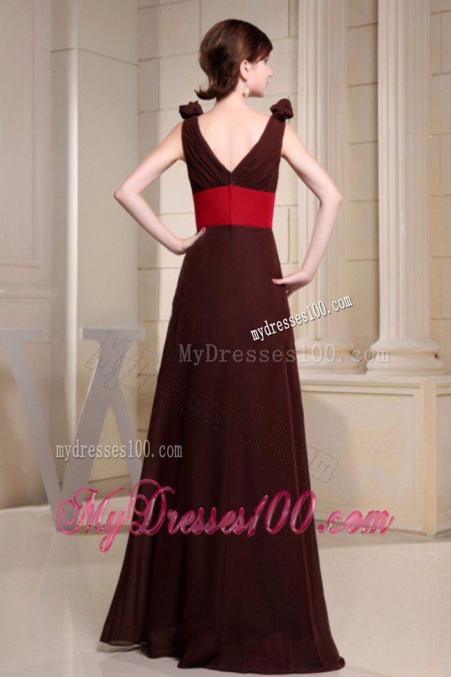 V-neck Hand Made Flowers For Brown Prom Gown Dress with Red Belt