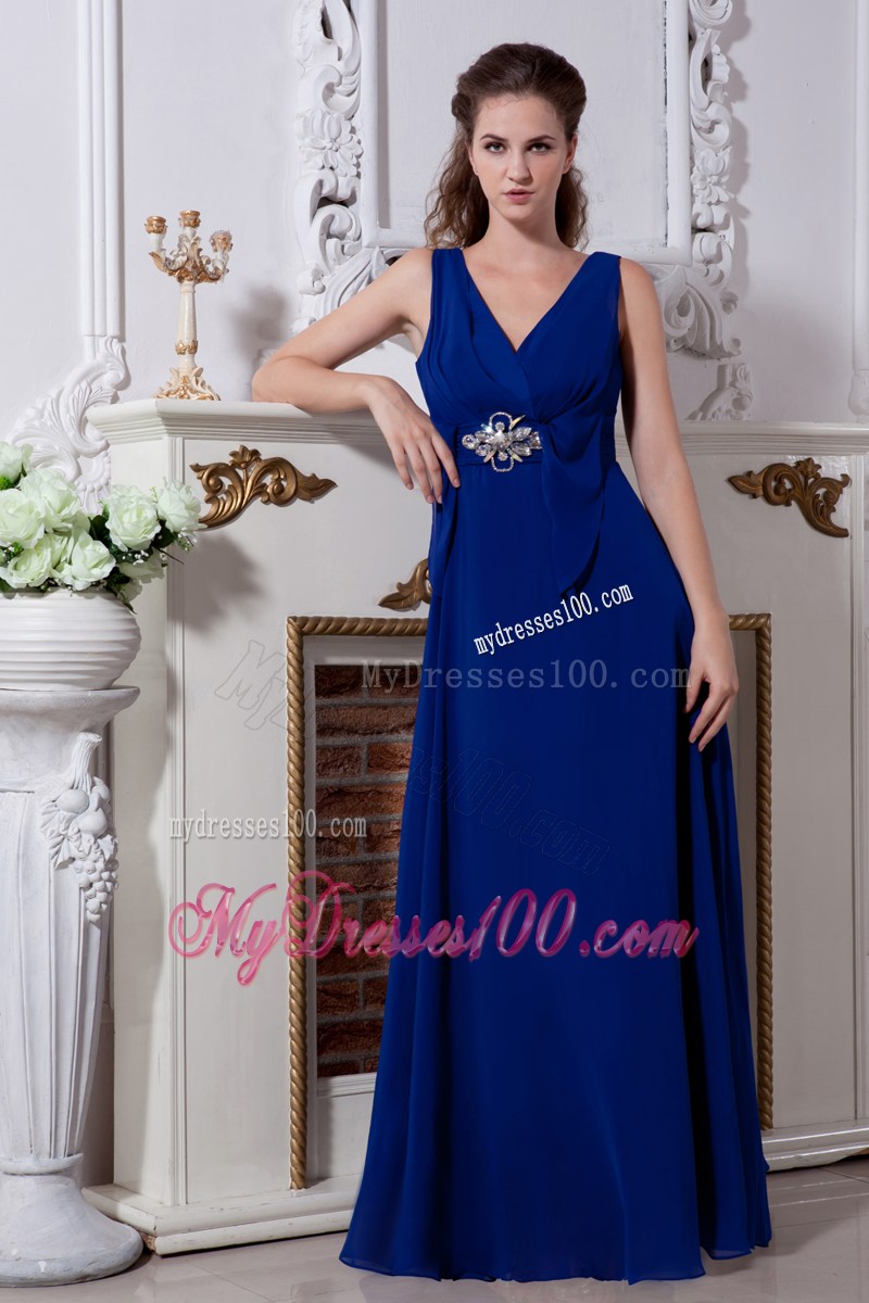 Empire V-neck Floor-length Chiffon Beaded Prom Dresses n Royal Blue