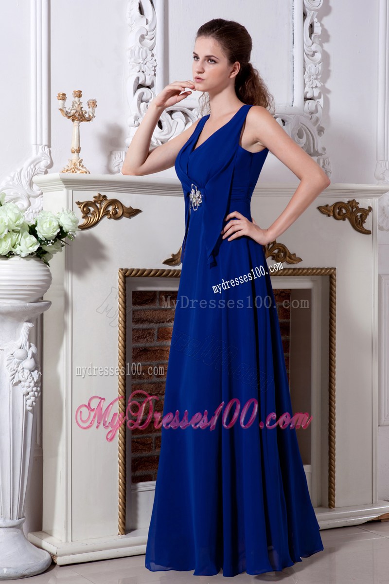 Empire V-neck Floor-length Chiffon Beaded Prom Dresses n Royal Blue