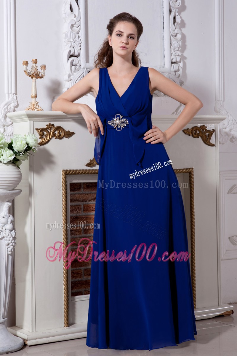 Empire V-neck Floor-length Chiffon Beaded Prom Dresses n Royal Blue