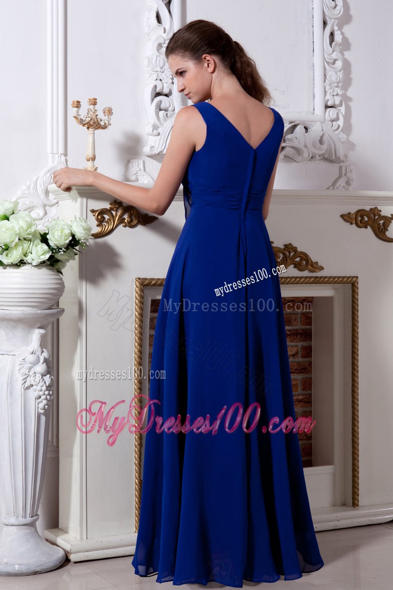 Empire V-neck Floor-length Chiffon Beaded Prom Dresses n Royal Blue