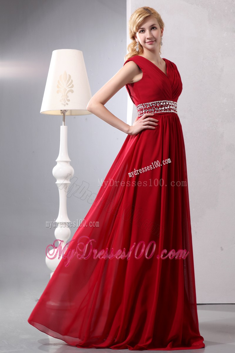 Ruched V-neck and Beading Accent Floor-length Prom Dress in Wine Red
