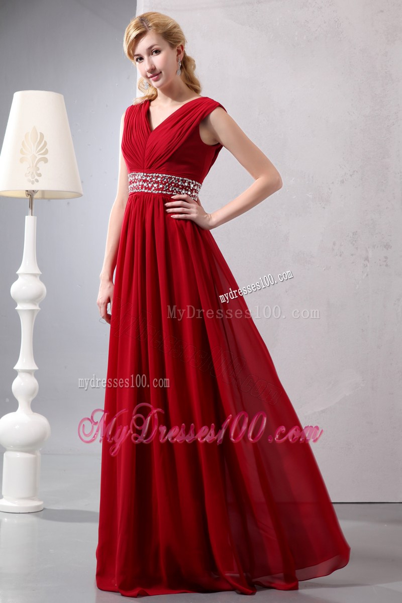 Ruched V-neck and Beading Accent Floor-length Prom Dress in Wine Red