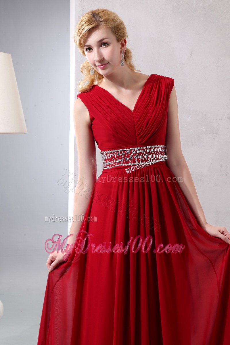 Ruched V-neck and Beading Accent Floor-length Prom Dress in Wine Red