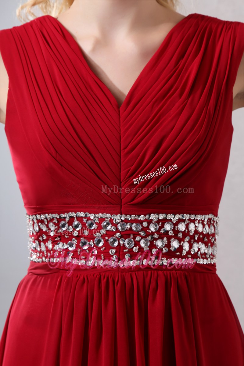 Ruched V-neck and Beading Accent Floor-length Prom Dress in Wine Red