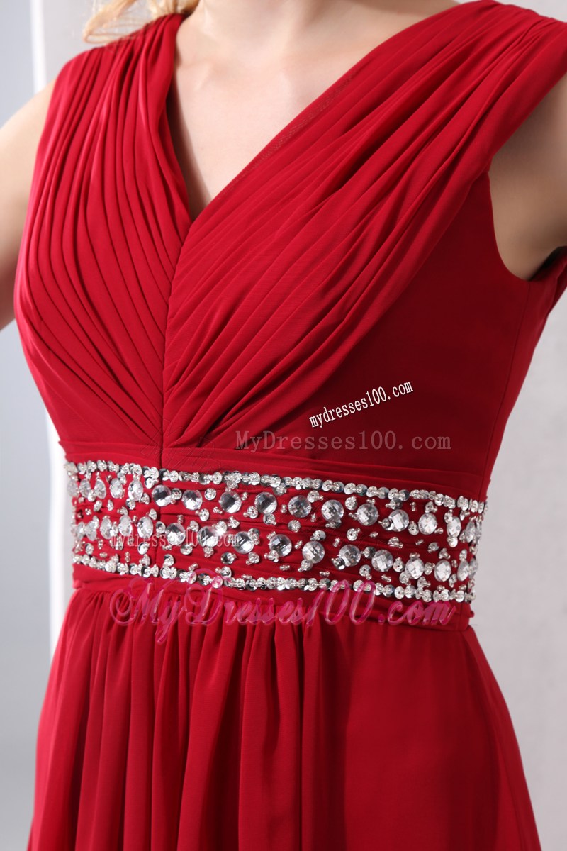 Ruched V-neck and Beading Accent Floor-length Prom Dress in Wine Red