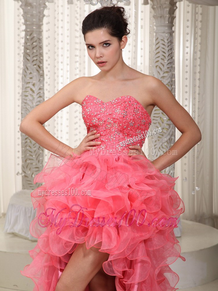 Watermelon Sweetheart High-Low Prom Dress with Ruffles and Beading