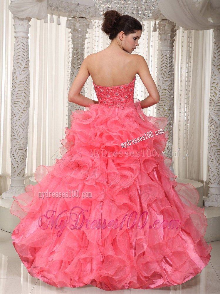 Watermelon Sweetheart High-Low Prom Dress with Ruffles and Beading