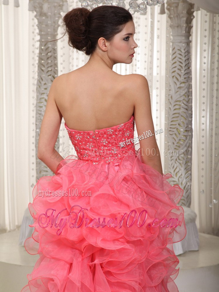 Watermelon Sweetheart High-Low Prom Dress with Ruffles and Beading