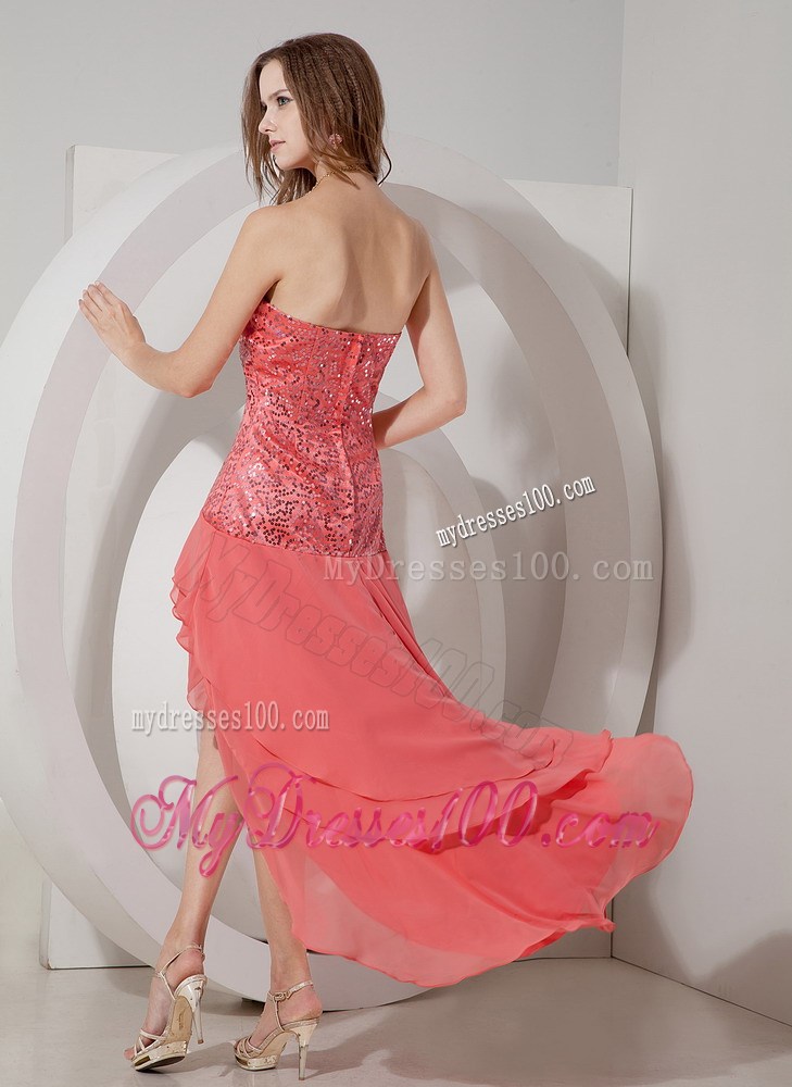Cheap Watermelon High-low Dress for Prom with Sequins and Layers
