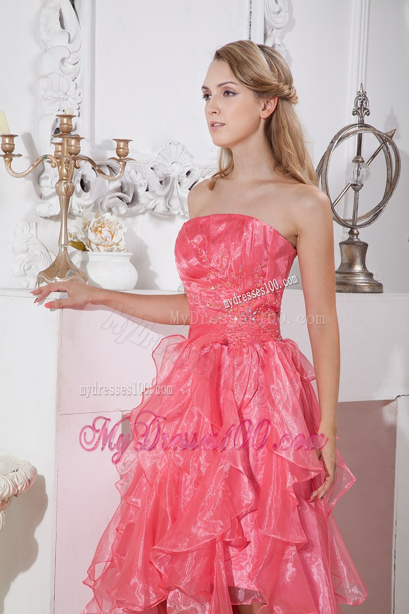 A-line Strapless High-Low Prom Homecoming Dress in Watermelon Red
