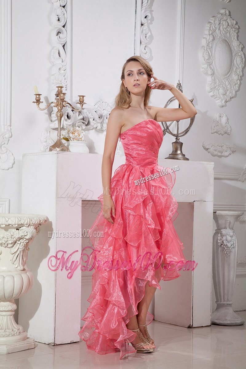 A-line Strapless High-Low Prom Homecoming Dress in Watermelon Red