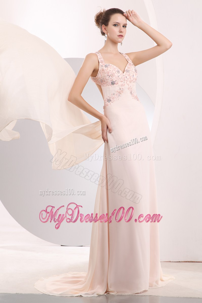 Appliques and Criss-cross Back Decorate Light Pink Prom Dress with Brush Train