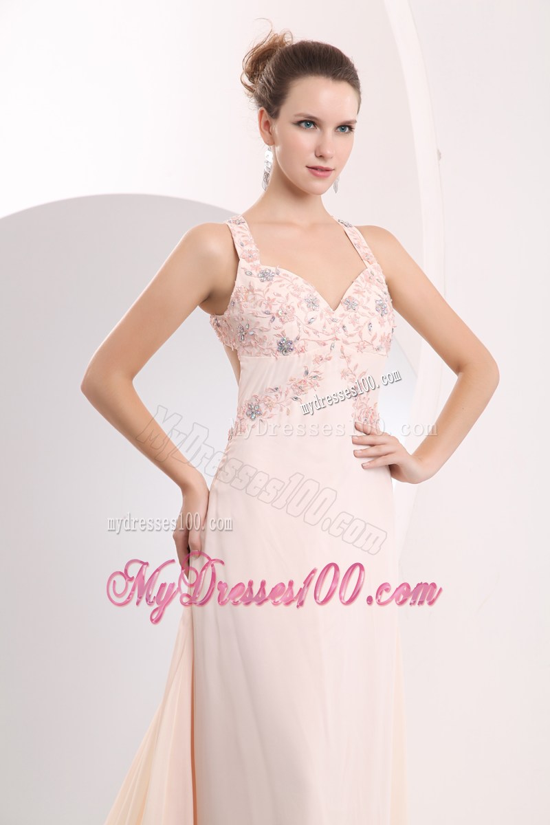 Appliques and Criss-cross Back Decorate Light Pink Prom Dress with Brush Train