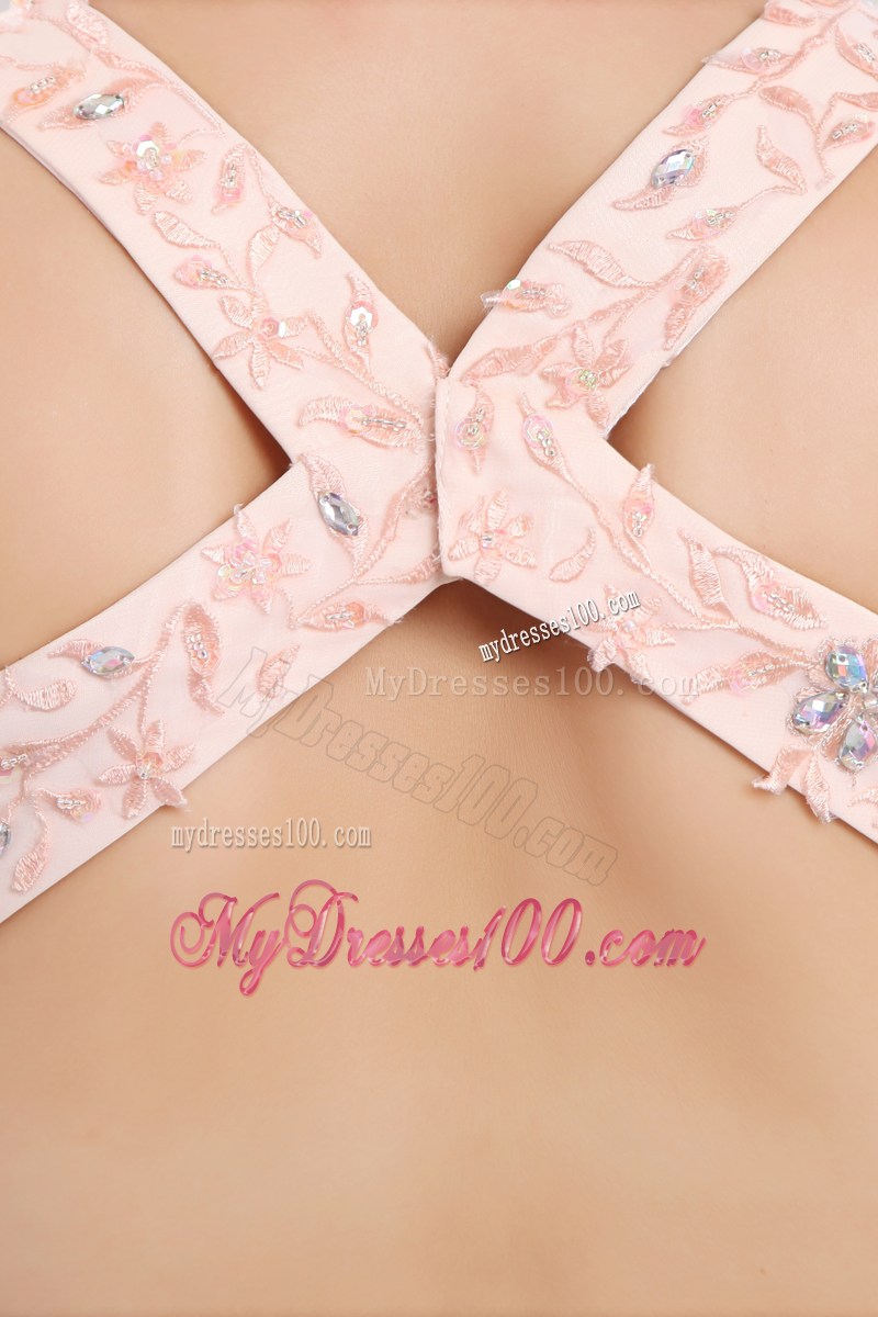 Appliques and Criss-cross Back Decorate Light Pink Prom Dress with Brush Train