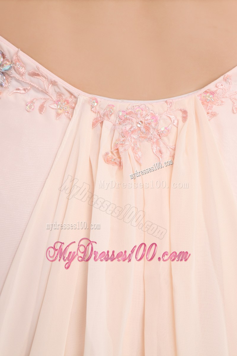 Appliques and Criss-cross Back Decorate Light Pink Prom Dress with Brush Train