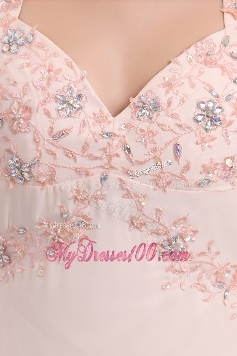Appliques and Criss-cross Back Decorate Light Pink Prom Dress with Brush Train