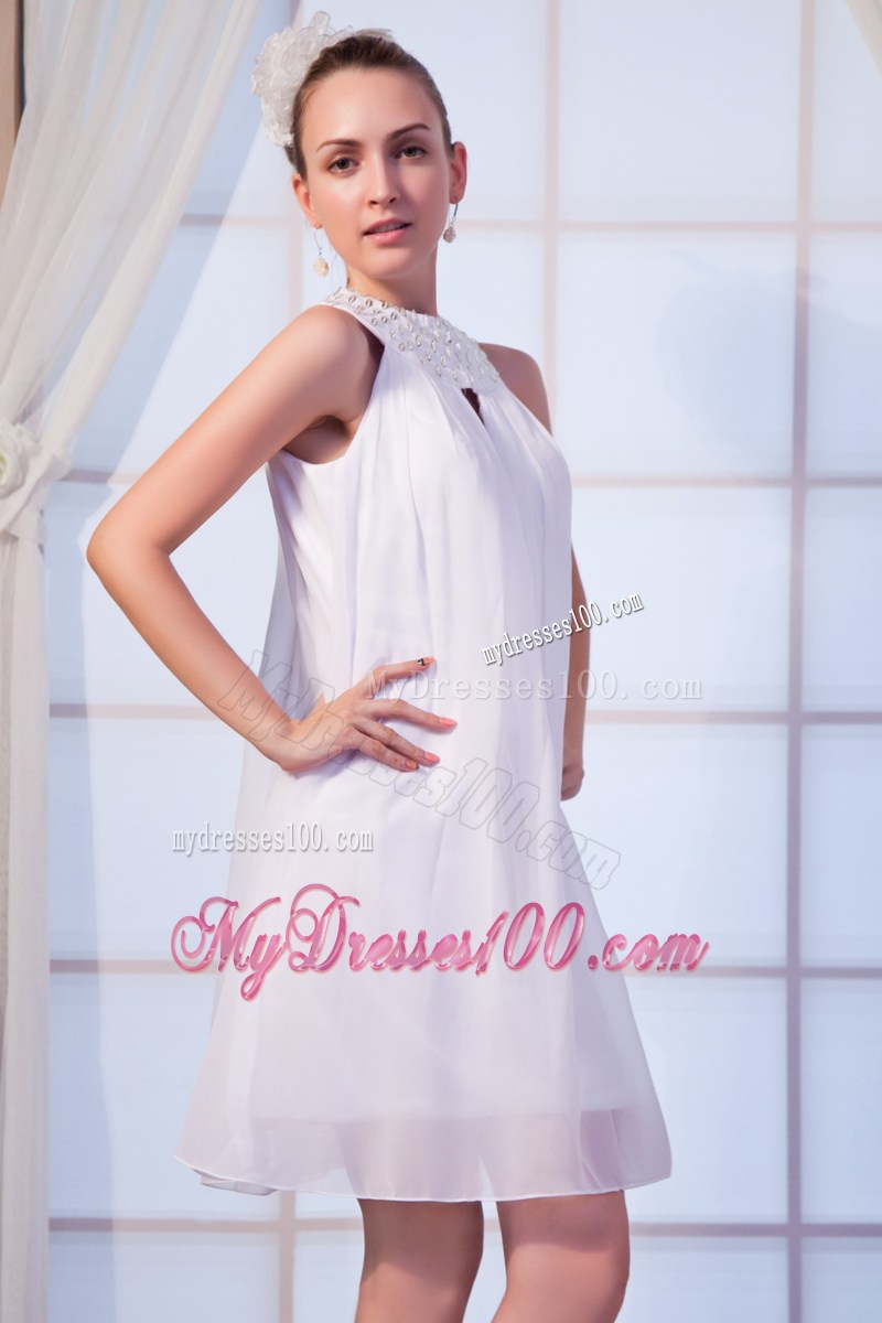 Mini-length White Empire High-Neck Prom Evening Dress with Beading