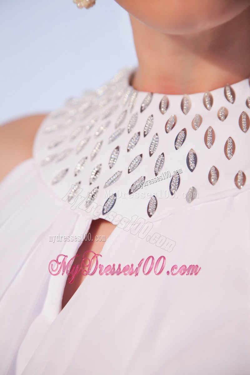 Mini-length White Empire High-Neck Prom Evening Dress with Beading