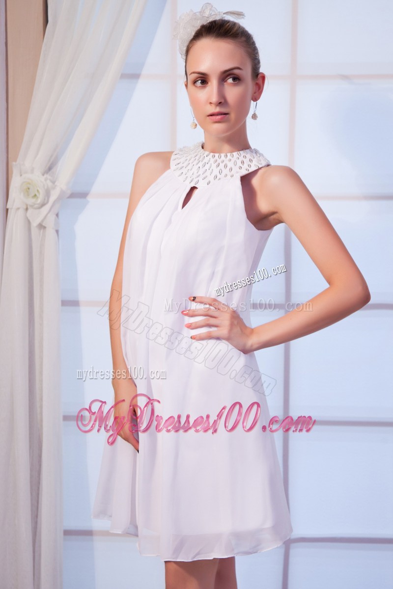 Mini-length White Empire High-Neck Prom Evening Dress with Beading