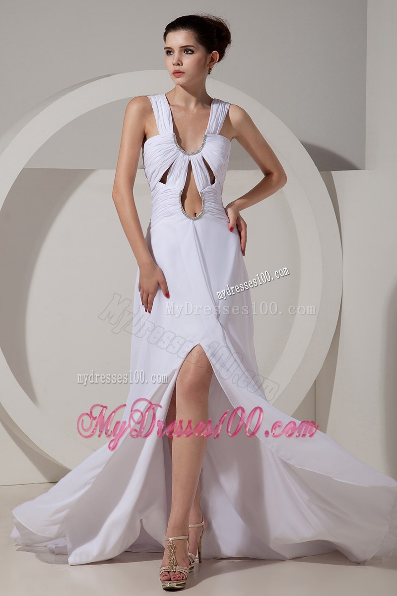 Trendy High-low White Chiffon Brush Train Prom Dress with Cutout
