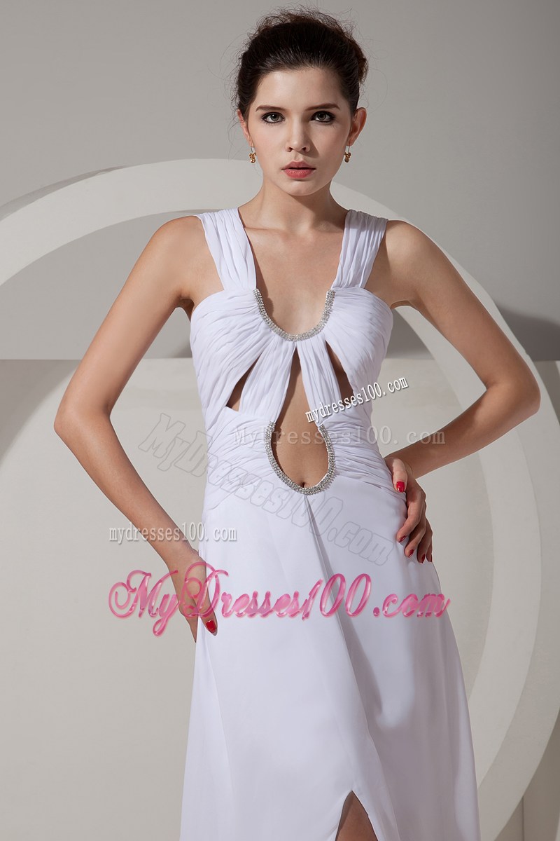 Trendy High-low White Chiffon Brush Train Prom Dress with Cutout