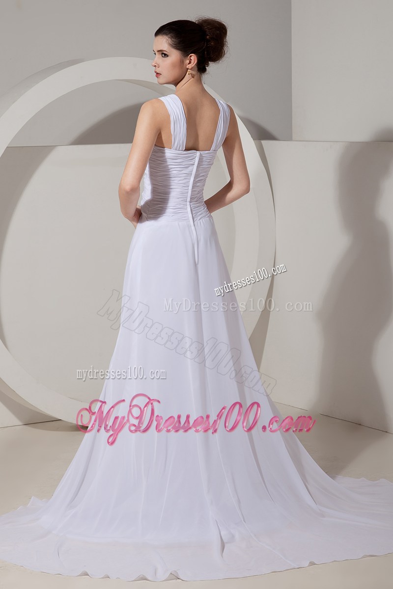 Trendy High-low White Chiffon Brush Train Prom Dress with Cutout