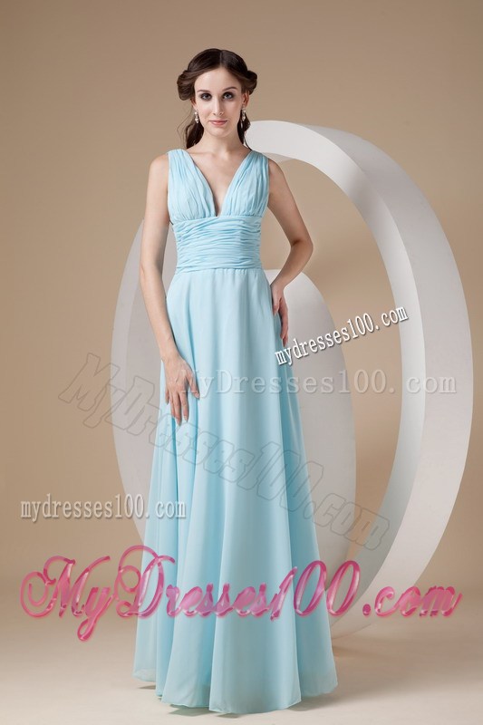 Simple Aqua Blue Column Sheath V-neck Prom Evening Dress with Straps