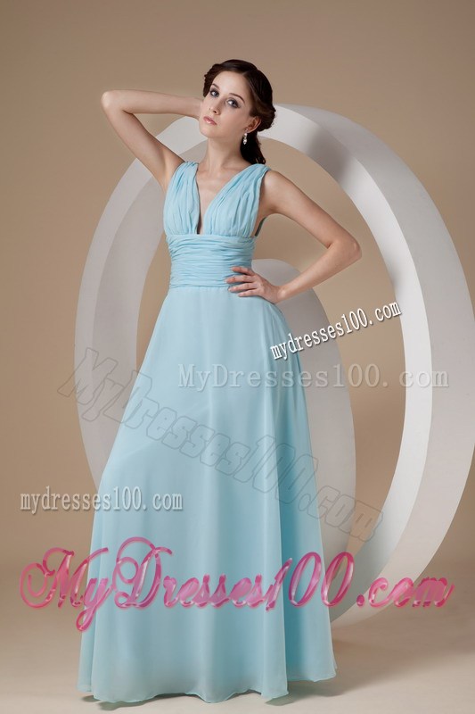 Simple Aqua Blue Column Sheath V-neck Prom Evening Dress with Straps